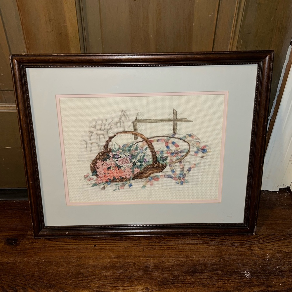 Vintage Wedding Ring Boutique Cross Stitch Needlepoint Framed Art - Picture 1 of 10